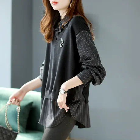 宝诗黎假两件格子条纹拼接针织衫女秋季2023新款时尚宽松长袖上衣图片