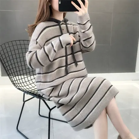 秋冬装新款连帽条纹针织衫毛衣裙女装慵懒风毛衣中长款外穿套衫商品大图