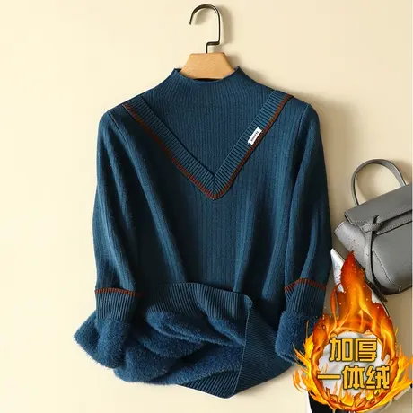 一体绒半高领毛衣女2022年新款加绒加厚打底衫女秋冬宽松针织上衣图片