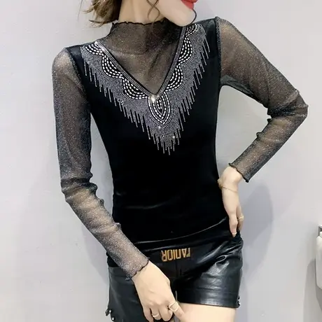 网纱拼接丝绒打底衫女秋冬内搭洋气烫钻上衣修身半高领T恤女长袖图片