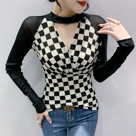 性感网纱拼接打底衫女士春秋棋盘格撞色上衣内搭长袖气质V领T恤衫商品大图