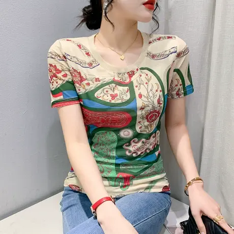 2023夏季新款网纱T恤女短袖时尚洋气印花上衣气质减龄漂亮小衫ins商品大图