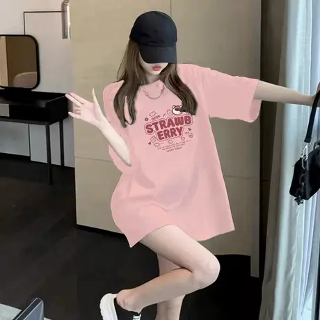 潮牌粉色多巴胺宽松短袖T恤女中长款2023夏新款纯棉爆款卡通上衣商品大图