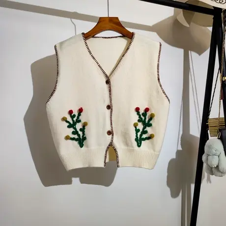 刺绣花朵针织背心马甲女开衫春秋新款宽松v领叠穿无袖毛衣短外套商品大图