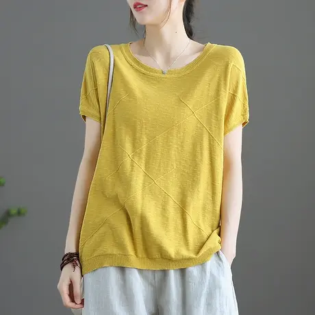 dza 文艺复古宽松短袖t恤女士短款百搭上衣新款夏季薄款体恤休闲商品大图