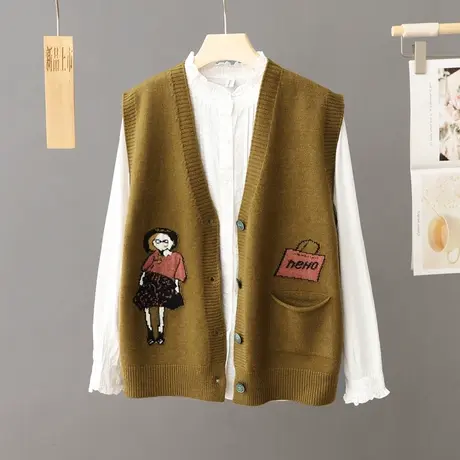 学院风刺绣毛衣马甲背心女秋冬新款学生韩版百搭针织开衫宽松坎肩商品大图