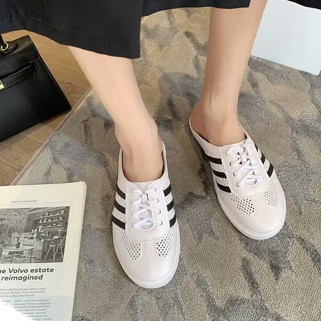 包头半拖鞋女夏外穿2023新款休闲网红小白鞋一脚蹬防水懒人帆布鞋商品大图