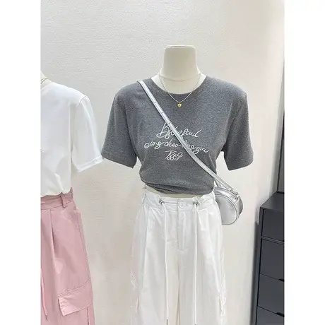 高级感字母刺绣美式复古宽松棉质宽松圆领T恤女短袖打底休闲上衣商品大图
