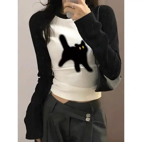 撞色内搭打底衫女2023秋季新款韩版显瘦修身拼接长袖短款上衣T恤图片