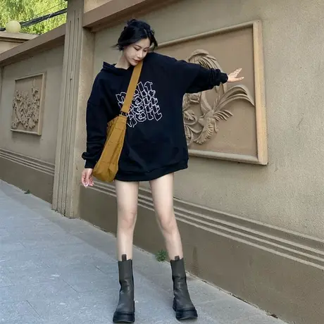 oversize早秋美式复古卫衣女ins潮牌宽松慵懒风春秋薄款连帽外套图片