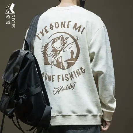 卡通趣味后背垂钓印花卫衣男高品质双面棉宽松大码重磅内搭打底衫图片