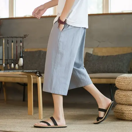 亚麻裤子男款夏季薄款冰丝裤休闲棉麻七分裤中国风大码男装7分裤商品大图