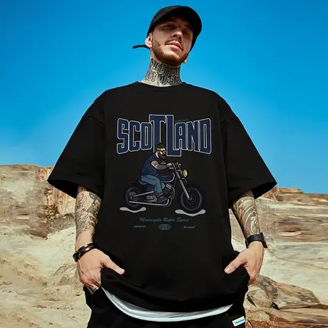 机车潮牌宽松T恤胖子短袖男加肥五分袖纯棉美式重磅大码男装夏季商品大图