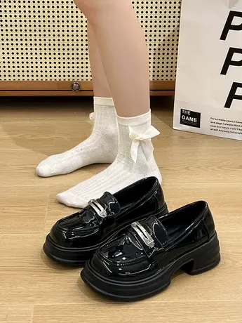 英伦风黑色厚底百搭圆头小皮鞋女2023新款秋季一脚蹬复古乐福单鞋商品大图