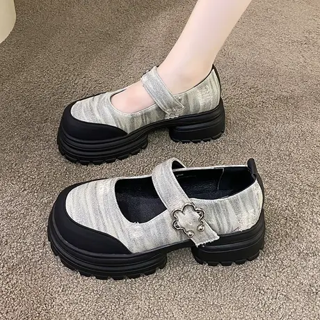 法式玛丽珍女鞋赵露思同款丑萌复古牛仔布大头小白帆布厚底单鞋女图片