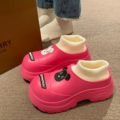 可爱防水棉拖鞋女冬季外穿加绒毛毛保暖厚底高跟防滑防水包跟棉鞋商品大图