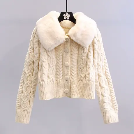 大毛领麻花毛衣外套女秋冬2023新款日系修身显瘦高腰短款针织开衫图片