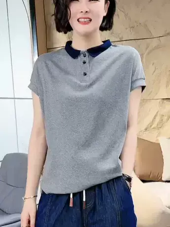 纯色POLO衫女设计感小众撞色翻领短袖T恤学院风百搭夏季上衣ins潮商品大图