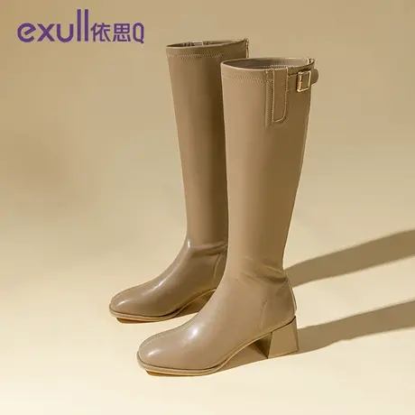 exull/依思Q高筒时装靴女靴子秋冬2023新款粗跟不过膝加绒机车靴图片