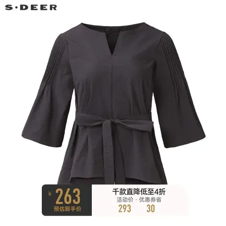 sdeer圣迪奥女装V领收腰喇叭袖不规则衬衫S233Z0402🌛商品大图