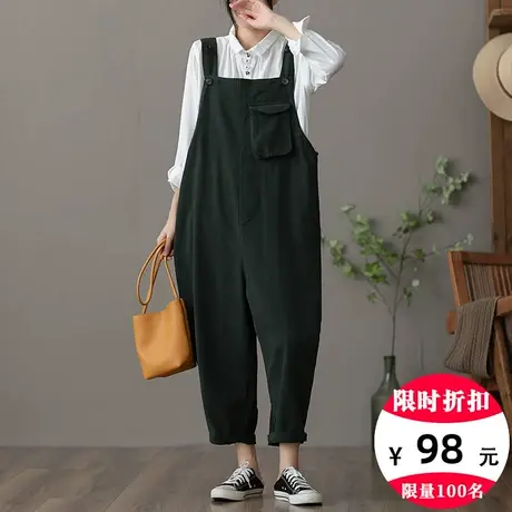 dza 文艺复古工装背带裤子女士秋季宽松直筒阔腿裤百搭口袋休闲裤商品大图