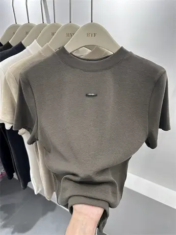 欧货高品质半高领立领订标短袖T恤衫女修身显瘦2023早秋款打底衫商品大图