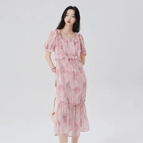 艾莱依方领浪漫连衣裙女夏季新款腰部抽褶飘逸雪纺短袖设计感裙子图片