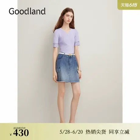 Goodland美地夏季法式优雅V领镂空袖毛针织衫烟灰紫上衣图片
