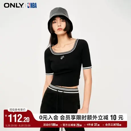 ONLY奥莱夏季NBA联名撞色线条修身U领短袖针织衫女图片