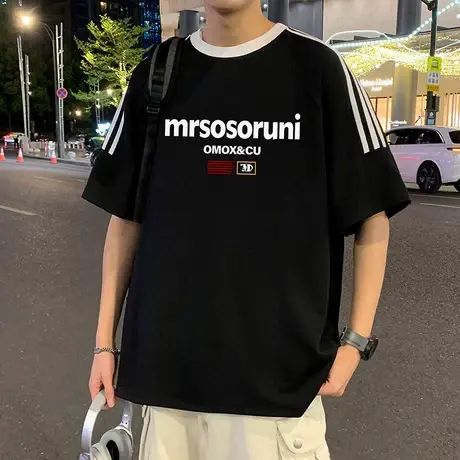 短袖T恤男夏季新款美式潮牌男生半袖大码宽松体恤ins运动圆领上衣商品大图