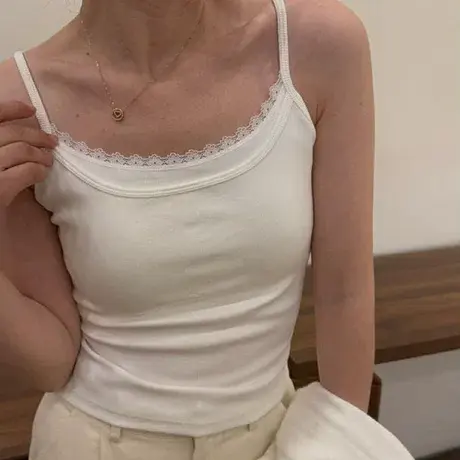 十三行2025春夏新款蕾丝边假两件打底吊带美背一体胸垫背心图片