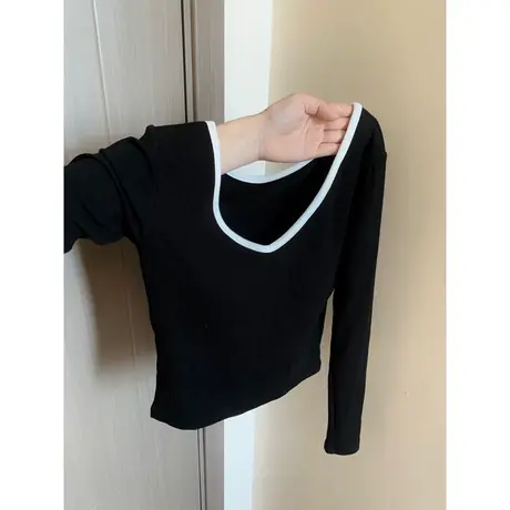 内搭V领打底小衫女秋季百搭修身显瘦洋气小个子短款长袖T恤上衣潮商品大图