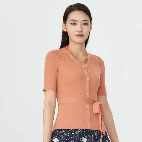 LANCY/朗姿高级感夏季V领修身通勤风女式毛针织衫图片