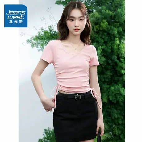 NOB真维斯短款短袖t恤女2025新款夏季抽绳正肩半袖修身甜辣小上衣商品大图