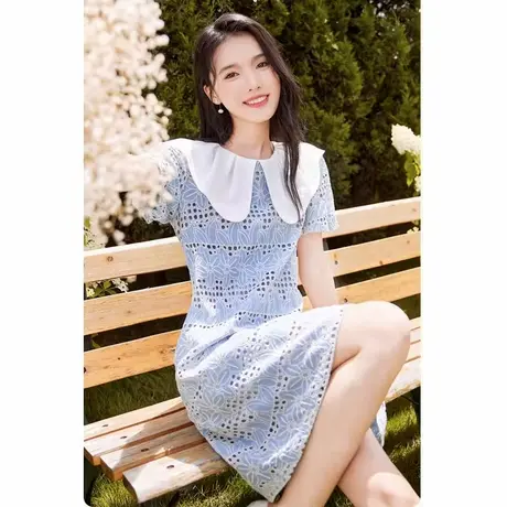 爵莱菲小个子蓝色连衣裙女2025夏新款纯棉法式娃娃领镂空刺绣裙子商品大图