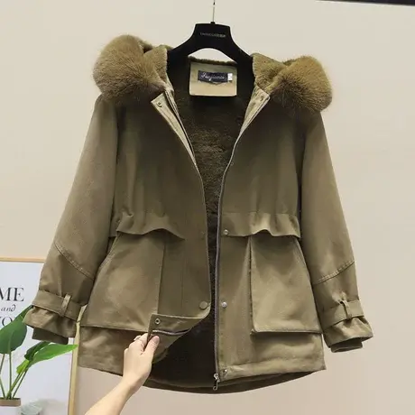 派克棉服2023年新女装冬季中长款加厚外套加绒棉衣棉袄潮ins卡其商品大图