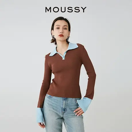 MOUSSY 新品简约通勤拼色翻领打底针织衫小上衣女028HS470-0030商品大图