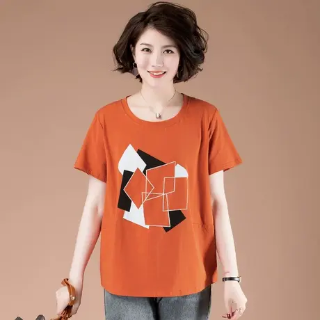加肥加大码短袖T恤女夏季纯棉中年妈妈装宽松遮肚子显瘦全棉体恤商品大图