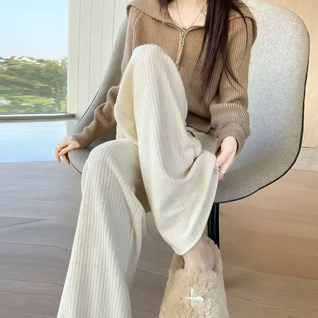 窄版仿羊绒阔腿裤女秋冬新款抽绳高腰垂感休闲雪尼尔直筒拖地裤潮图片