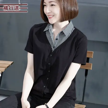 假两件衬衫领纽扣短袖宽松黑色格子夏季上衣2025打底衫半袖女t恤图片