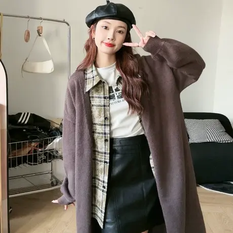 尔给复古中长款宽松慵懒风开衫毛衣外套女2023新款春秋小个子外穿商品大图