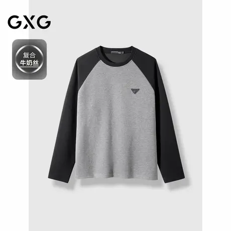 GXG男装 麻灰色肌理拼接圆领卫衣男士上衣 秋季热卖#G24D313043商品大图