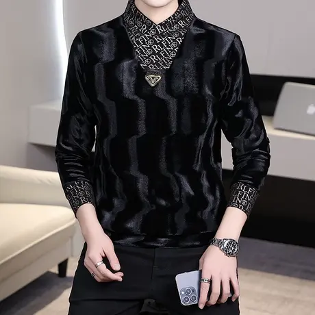 欧货卫衣男时尚潮牌设计感半高领打底衫修身金丝绒假两件长袖T恤商品大图