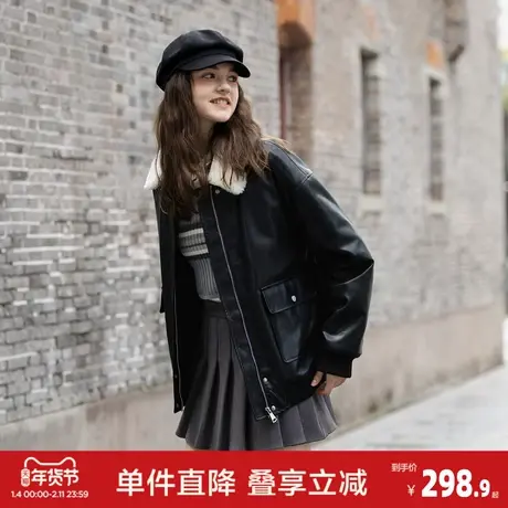 唐狮2026秋冬季短款皮衣外套女翻领拼接仿羔毛设计感机车风时尚图片