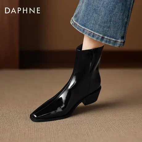 达芙妮尖头高跟短靴女2026新款冬季法式粗跟瘦瘦靴加绒黑色马丁靴图片
