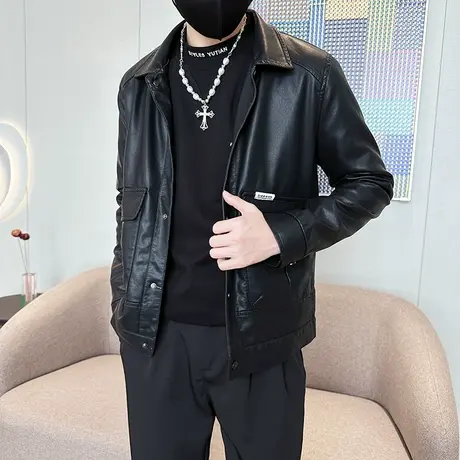 皮衣加绒外套男冬季2023新款复古翻领痞帅口袋皮夹克保暖机车皮衣商品大图