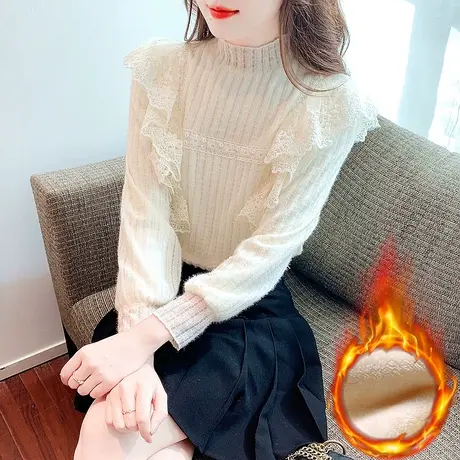 蕾丝打底衫女2023新款冬季加绒加厚洋气高级感别致半高领洋气小衫图片