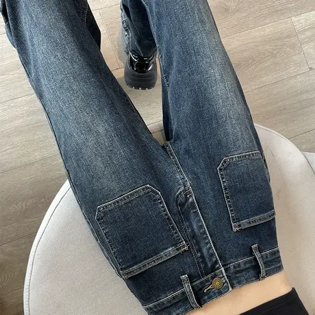 复古窄版直筒牛仔裤女2023秋季新款高腰宽松显瘦设计感拖地阔腿裤商品大图