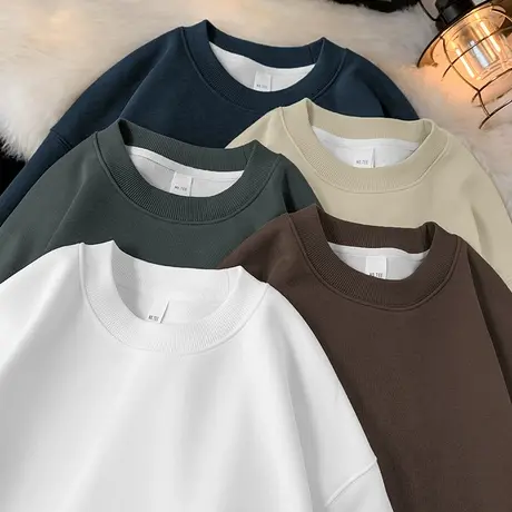 450g重磅圆领卫衣男秋冬款摇粒绒无帽长袖t恤加绒加厚纯色上衣服商品大图