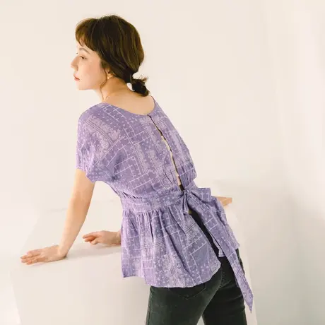 桔熊夏季复古度假几何印花短袖上衣绑结罩衫女胖妹妹大码AB13562图片